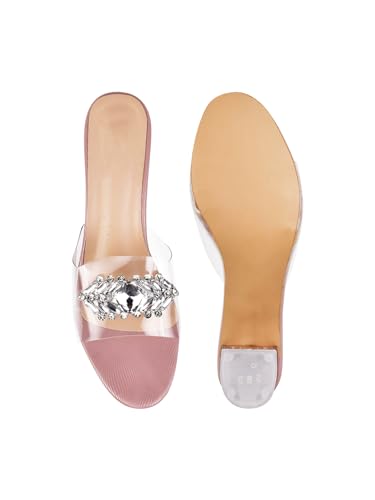 Image of TRYME Embellished Front Studded Buckle Block Heels Comfortable Transparent Party Kitten Heel for Womens & Girls