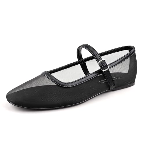 BCTEX COLL Black Mesh Ballet Flats Mary-Jane Ballerina Flats Square Toe Dressy Casual Shoes with Buckle Strap, Size 8.5