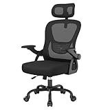 rattantree Bürostuhl Ergonomisch, Schreibtischstuhl mit Hochklappbaren Armlehnen, Kopfstütze und Rückenlehne, Kleiner Drehstuhl mit Wippfunktion bis 115°, Bürostuhl mit Netzbezug, Schwarzer