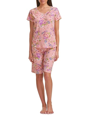 Karen Neuburger Womens Short Sleeve Henley Top and Bermuda Short Set with Picot Trim Pop Floral Large