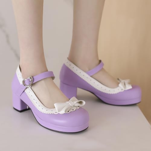 Bellirala Womens Retro Rockabilly Shoes Chunky Heeled Mary Jane Mid Block Heel Pumps with Bows3