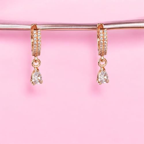 Image of Nilu's Collection 18k Rose Gold Plated Clip On Hoop Earrings, Stylish Women Earrings, Fancy Zircon Copper Bali Earrings for Women and Girls (Drop design)