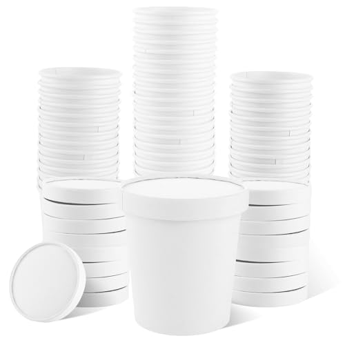Oungy Lot de 50 gobelets en carton blanc avec couvercle, gobelets à soupe à emporter, 450 ml, tasses à glace en papier de 16 oz, gobelets jetables avec...