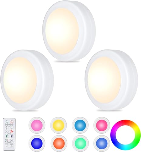 WUYOR LED Schrankbeleuchtung Unterbauleuchte Kabellos RGB Spots Batterie Dimmbare mit Fernbedienung 16 Farben Timer LED vitrinenbeleuchtung mit Batterie 3 Stück Weiß