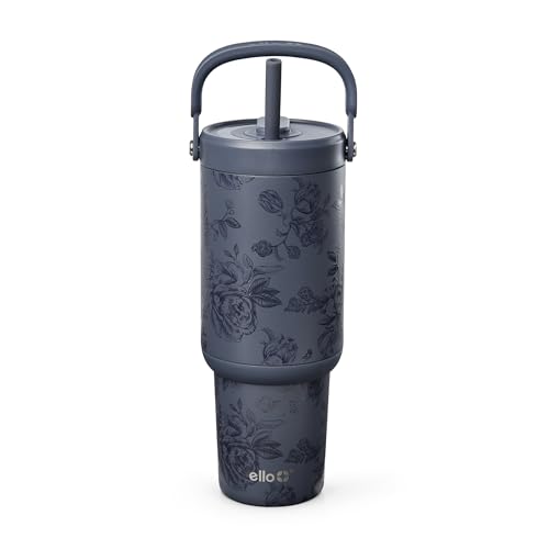 Image of Ello Oasis Go+ 32oz Tumbler with Top Handle and Retracting Straw | Reusable Insulated Stainless Cup, 100% Leakproof Water Bottle, 24 Hours Cold, Cup Holder Friendly For Travel | Porcelain Rose Navy