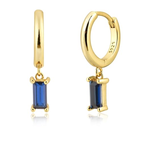 Image of Gold Hoop Dangle Earrings Women 14K Gold Plated Huggie Hoop Earrings with Square Cubic Zirconia Drop, Hypoallergenic 925 Sterling Silver Drop Earrings Jewelry For Birthday Daily Wear (Gold, Blue)