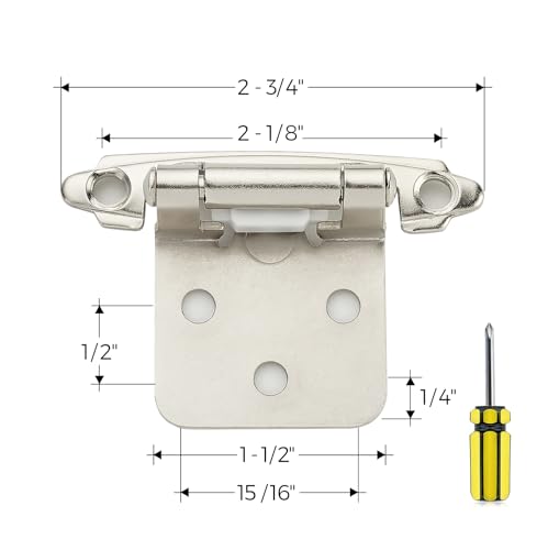 Ravinte 50 Pack 25 Pairs 1/2 Inch Overlay Cabinet Door Hinges Kitchen Satin Nickel Semi-Concealed Face Mount Self-Closing Cabinet Hinges with Bumpers & Screwdriver - Image 3