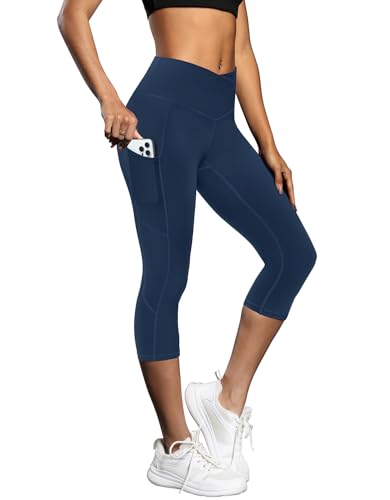 Fihapyli ICTIVE Women's Capris Yoga Pants with Pockets Crossover High Waisted Fitness Running Leggings Dark Blue S