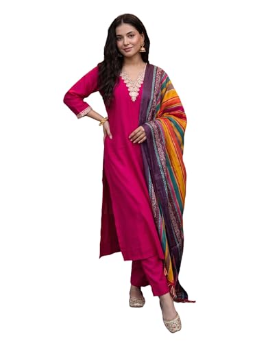 Image of INDO ERA Women's Silk Blend Embroidered Sequinned Kurta & Pant with Dupatta Set