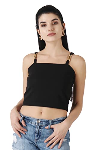 Image of POPWINGS Solid Casual Sleeveless Regular-Fit Crop Tops for Women with Front Chain| Crop Tops for Women Stylish Western Summer Wear