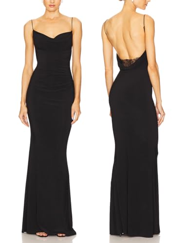 Capuffy Women Drape Neck Formal Maxi Dresses Lace Backless Cocktail Party Dress Spaghetti Straps Mermaid Evening Gown 221