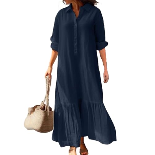 Robe en coton et lin longue boutonné décontracté pour femme