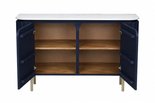 Image of Solid Wood Mandala Sideboard Cabinet with Sintered Stone Top for Living Room | Premium Acrylic Blue with Soft Close Hinges | 120 cm (W) x 39.8 cm (D) x 85 cm (H)