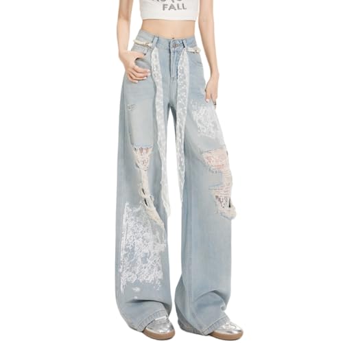 Women's Lace Patchwork Hollow Jeans, Y2k Baggy Straight Wide Leg Denim Pants, Embellished Floral Hollow Out Pants