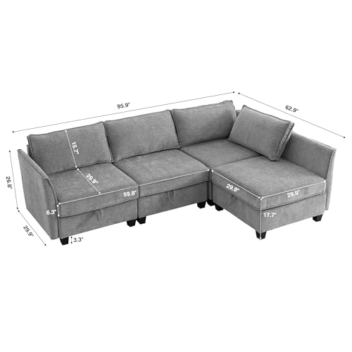 Image of ORRD Corner Modular Sectional Sofa Set, Convertible L Shaped Couch with Storage, 4 Seater Sofa Modular for Living Room, Office (Grey)