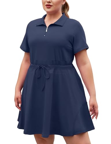 Tanst Sky Womens Plus Size Athletic Dress,Golf Dresses With Shorts For Women Short Sleeve Half Zip Drawstring Apparel Ladies Upf 50+ Quick Dry Tennis Workout Activewear Navy 3Xl