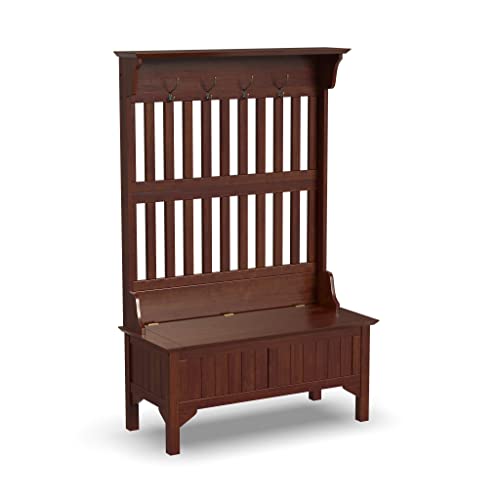 Home Styles Cherry Finish Hall Tree and Storage Bench with Asian Hardwood Solids, Multi-step Warm Cherry Finish, Sitting Bench with Storage, and Four Brass Hooks