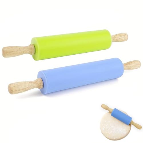 trabag Lot de 2 rouleaux à pâtisserie en silicone pour enfants et adultes, avec poignées en bois, surface antiadhésive, petit rouleau à pâtisserie pour...