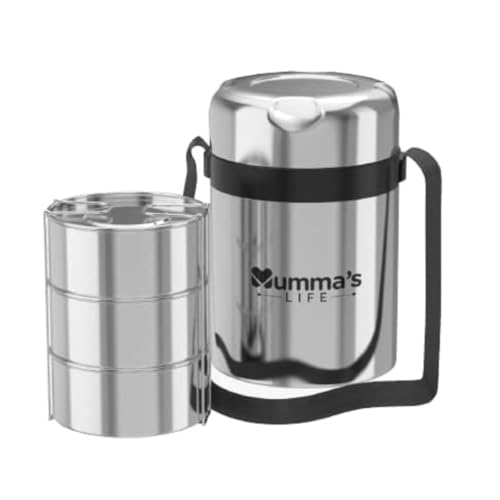 Image of Mumma's LIFE Stainless Steel Lunch Box with 3 Leakproof Air-Tight Stainless Steel Round Containers and Cover Bag | Stainless Steel & Spill Proof Lunch Box (Steelo 440mlX3)