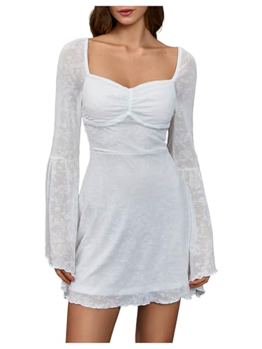 WDIRARA Women's Floral Jacquard Mesh Gothic Dress Bell Long Sleeve