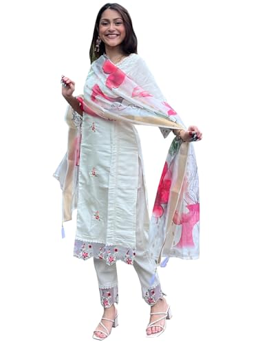Image of VredeVogel Kurta Set with Dupatta | Viscose Rayon Embroidered Kurta Set for Women | Women's Ethnic Casual Kurti Set |Kurta Pant Festive Suit