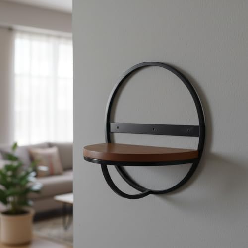 Image of Modern Round Floating Wall Shelf - 13 Inch Black Iron & Wood Decorative Wall Mount Display Rack for Home Decor