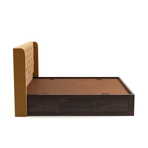 Image of Solid Sheesham Wood King Size Bed with Storage | Wooden Double Bed Cot Bed with Box Storage & Velvet Upholstered Cushioned Headboard for Bedroom (Walnut B, King)