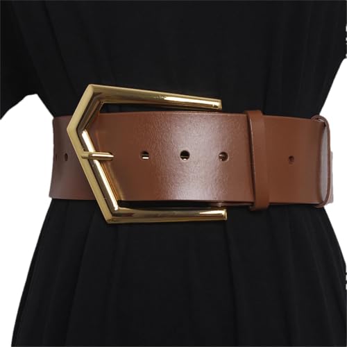 Pohullan Women Gold Buckle Leather Dress Belts Decoration Wide Belt Clothing Accessories