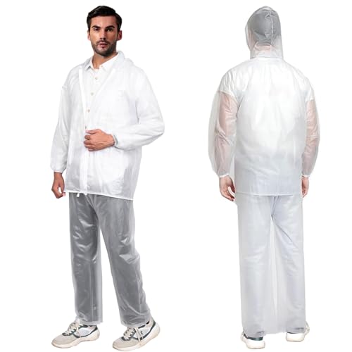 HACER Crystal Men Raincoat Water Resistant Rain Coat with Adjustable Hood Drawstring Hem Set of Top & Bottom with Carrying Pouch (XXL Size, Transparent)