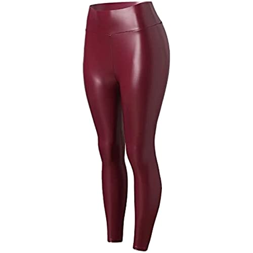 Calça legging elástica feminina de couro sintético de couro sintético de couro sintético, Vermelho,