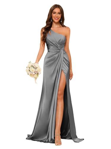 Image of vintys Women's One Shoulder Ruched Bridesmaid Dresses Long with Slit Satin Formal Prom Dress VS117
