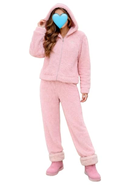 Women Pink Fleece Winter Co Ord Set .Hooded Zip Jacket & Warm Pajama Set .Soft Teddy Lounge Wear for Women.-image-20