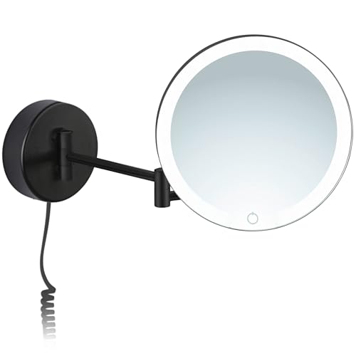 Libaro Ravenna Miroir de Maquillage Grossissant x7 Lumineux à LED avec Fixation Murale, Variateur d'Intensité Tactile - Miroir Maquilleur Rond avec Lumière pour Salle de Bain (Noir)