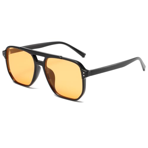 Image of Long Keeper Square Pilot Sunglasses for Women Men Retro Double Bridge Aviation Square Sunglasses Classic Tinted Sun Glasses Anti UV400 Vintage Shades (Black Frame - Light Orange Lens)