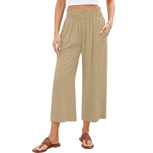 Capri Pants for Women High Waisted Wide Leg Linen Pants Elastic Smock Waist Flowy Palazzo Pant Summer Beach Pant2