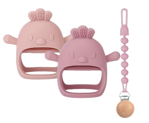 Image of 3 Packs Baby Teether Toy for 0-6 6-12 Months,Hold & Wear,BPA Free,Food Grade Silicone Teething Mitten, Anti Dropping Wrist Hand Teethers Baby Chew Toys for Sucking Needs(Pink & Dark Pink)