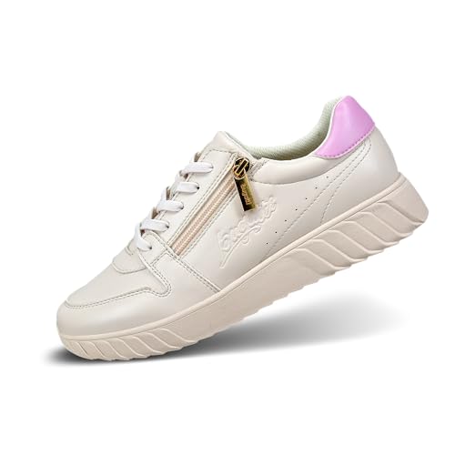 bugatti Damen-Beige-Sneaker mit Lila-Akzenten, Reißverschluss-Detail, Logo-Elementen und gestreiftem Sohlenmuster beige/Trends 37 EU