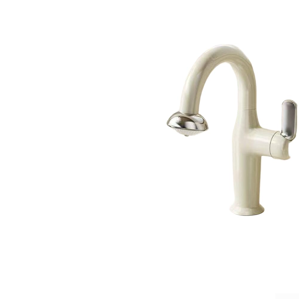 UFO Style Basin Faucet With Pull Out Spout Dual Water Flow Modes Dense Spray Soft Column 60cm Hose Extension 360 Degree Swivel Thermostatic Control Zinc Coated Copper(Cream White)