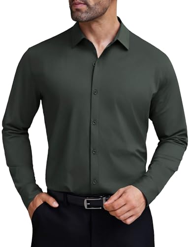COOFANDY Men Long Sleeve Dress Shirt Wrinkle Free Button Up Shirts Business Formal Shirts Dark Army Green