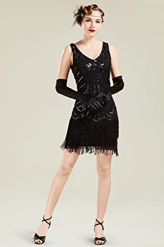 Image of BABEYOND Women's Flapper Dresses 1920s V Neck Beaded Fringed Great Gatsby Dress