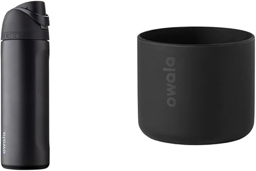 Owala Owala FreeSip - Botella de agua de acero inoxidable aislada muy oscura y de silicona funda protectora antideslizante color negro Owala