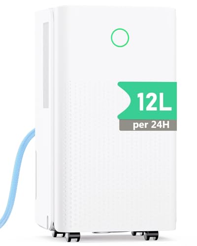 Deshumidificador 12L/Día, Deshumificadores Electrico con Compresor, 3 Modos, Silencioso y de Bajo Consumo, Depósito 2,2L, Drenaje Continuo, Temporizador 24h, Control Automático de Humedad para Hogar