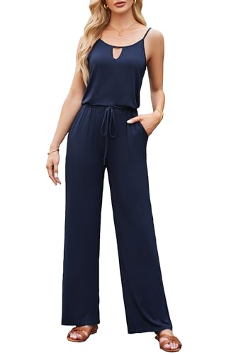 OUGES Damen Sommer Jumpsuit Ärmellos Overall Lang Hosenanzug Playsuit Casual Romper mit Taschen(Marine,S)