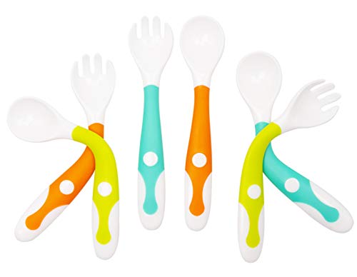 Set di posate per bebè, Curvo Cucchiaini Forchette da allenamento per bambini e Neonati Nutrire Sicuro Viaggio Custodia
