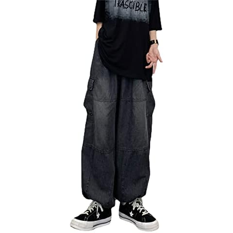 Skateboard Frog Baggy Work Jeans Women Denim Wide Leg Cargo Joggers Men Y2K Parachute Pants with Pockets (Black,XL) Cover