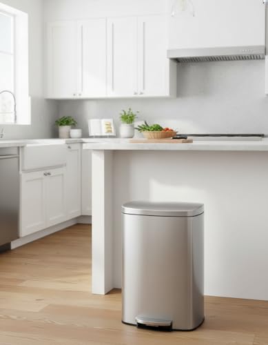 Image of Garvee 13 gal / 50 L Stainless Steel Kitchen Trash Can with Lid, Large Rustproof Garbage Can for Kitchen, Step-on Metal Trash Bin with Inner Bucket, Rear Handle, Soft Close Lid, Silver