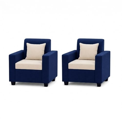Image of FURNY QualityWood 3 Seater + 1 Seater + 1 Seater Fabric Sofa Set (Cream-Dark Blue) with Velvet Finish | Durable Comfort | Ideal for Living Room