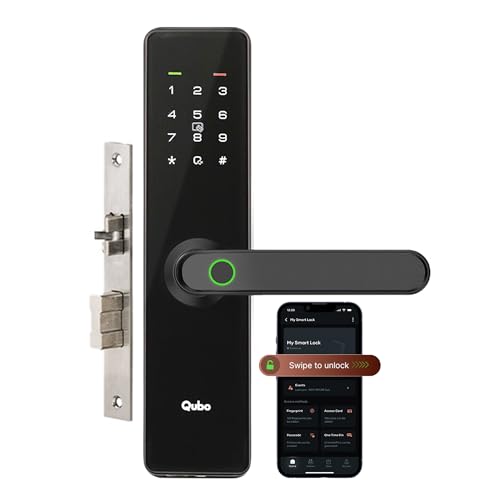 QUBO Smart Door Lock Essential (2025 Edition) from Hero Group | 7-Way Unlocking | Mobile App | Fingerprint | OTP Remote Unlocking | PIN | RFID Card | Mechanical Key | 2 Year Brand Warranty | (Black)