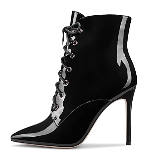 Aachcol Women Ankle Boots Short Bootie Close Pointed Toe Stiletto Mid High Heel Dress Shoes Patent Zipper Lace-up Sexy 4 Inch2