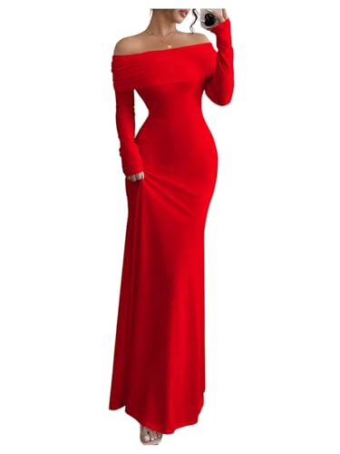SOLY HUX Women's Long Sleeve Off The Shoulder Bodycon Dress Elegant Maxi Dress Cocktail Prom Dresses Plain Red Medium